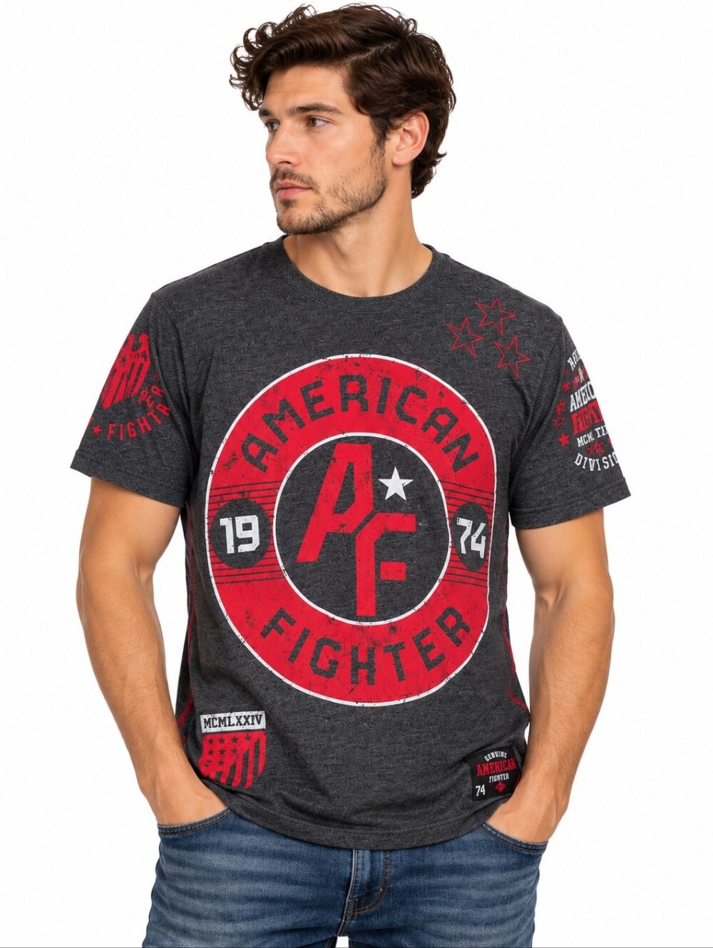 American Fighter by Affliction Men’s Medium Graphic Tee Charcoal Red 1974